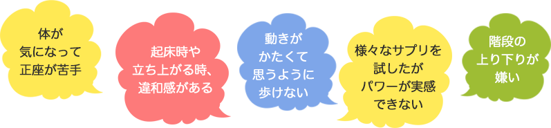 体が気になって正座が苦手 起床時や立ち上がる時、違和感がある 動きがかたくて思うように歩けない 様々なサプリを試したがパワーが実感できない 階段の上り下りが嫌い